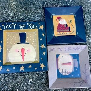 3 Hearthside Folk Art Primitive Christmas Snowman /Santa Hanging Wooden Plate